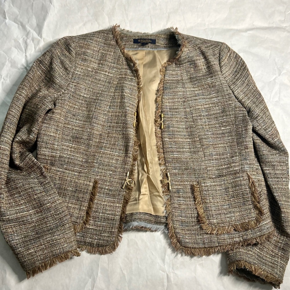 Brooks Brothers Womens Tweed Jacket Suit Blazer Woven Italy Size 10 Brown Gold